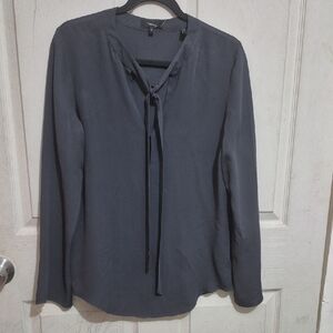 Theory Slate Gray Tie-Neck Long Sleeve Blouse